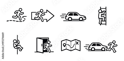 Escape and movement icons arranged on dark textured background