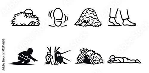 Hiding and camouflage icons arranged on dark textured background