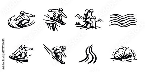 Snow boarder and skier icons showing riding, hiking, and powder