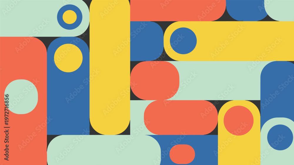 Fototapeta premium Abstract geometric background features a vibrant composition of rounded rectangles and circles in blue, orange, and yellow on a dark base.