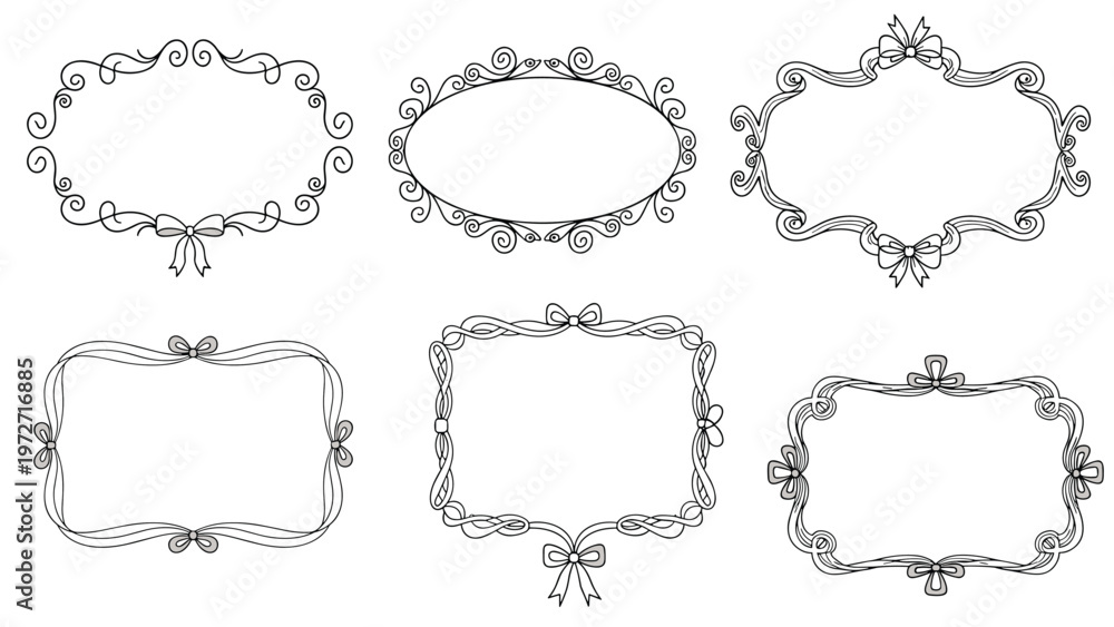 Obraz premium Set of six decorative hand drawn frames with elegant swirls and dainty bows provides a classic touch for invitations and creative projects.