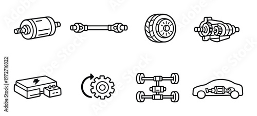 Automotive drivetrain and powertrain component icons on gray background