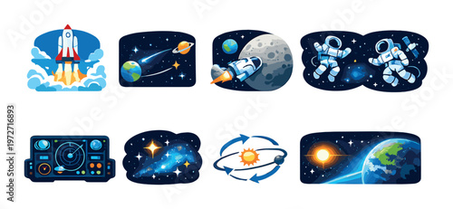 Space icons depicting rocket launch and astronauts in space