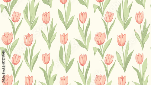Beautiful seamless floral pattern featuring elegant pink tulips with green leaves and stems repeated on a soft light cream colored background.