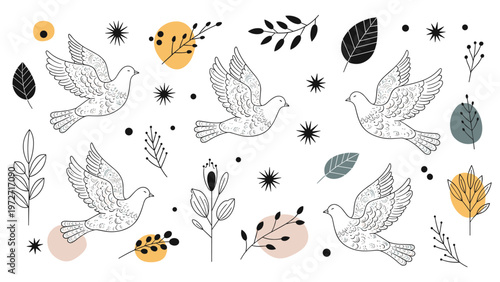 Beautifully detailed illustration of flying birds with intricate patterns surrounded by diverse botanical leaves stars and colorful abstract shapes.