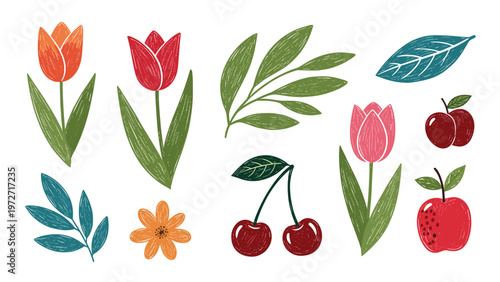 Whimsical collection of hand drawn botanical elements including tulips fruit and colorful textured leaves isolated on a plain white background.