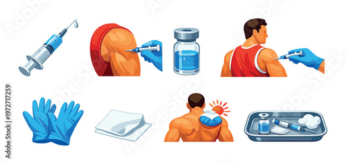 Syringe and vaccination icons with injections on dark background