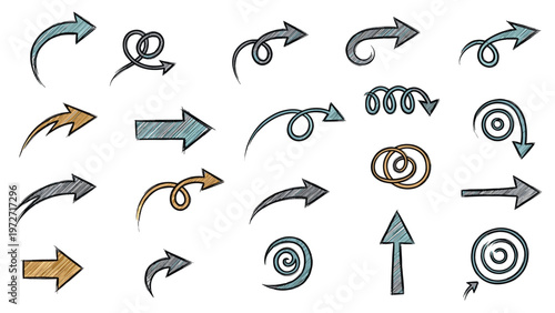 Large set of hand drawn sketchy arrows and swirl design elements in various colors and shapes on a clean white background.