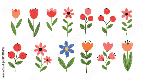 Charming collection of hand drawn flowers and red berry branches in a simple folk art style on a clean white background.