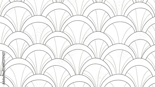 Elegant seamless pattern in black and white featuring a classic art deco style scalloped or fish scale design with dashed line details.