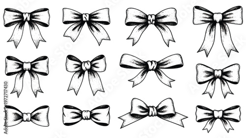 Large collection of twelve different hand drawn black and white sketched ribbon bows in various styles and shapes on a white background.