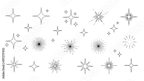 Set of hand drawn black stars, sparkles, and light bursts in various styles on a white background for magical and festive designs.