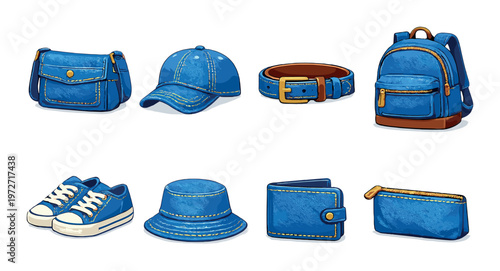 Blue accessories icons showing bag, hat, shoes and wallet