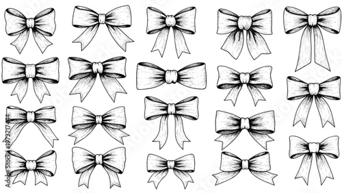 Detailed set of sixteen hand drawn black and white ribbon bows with intricate shading and textures on a plain white background.