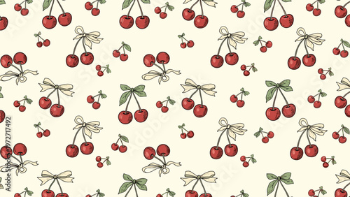 Charming seamless pattern featuring hand drawn clusters of red cherries with cream colored bows on a light ivory background.