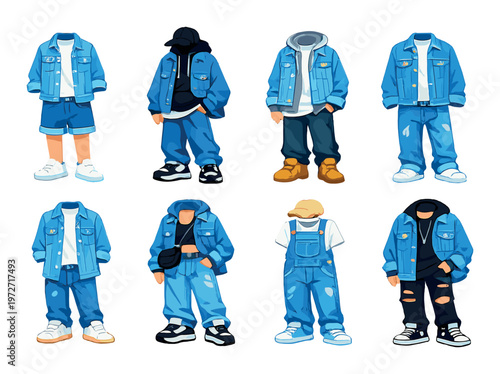 Multiple denim outfits styled with jackets and pants on backdrop