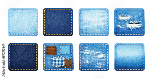 Assorted denim patches and swatches arranged on gradient background