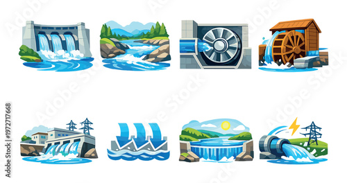 Hydropower icons showing dams, turbines and water energy scenes