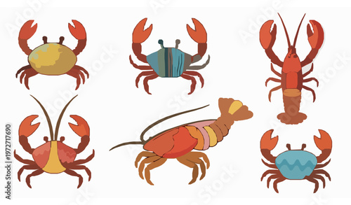 Crabs and lobsters cartoon seafood doodle vector sticker set