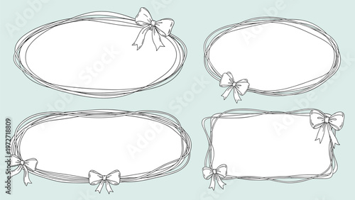 Collection of four delicate wireframe oval frames with bows on a light blue background for elegant text space and labels.