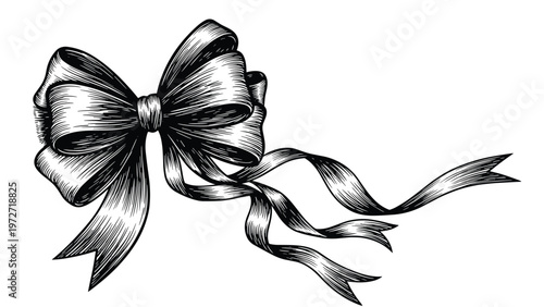 Hand-drawn vintage style engraving of a large decorative ribbon bow with elegant flowing ends on white background.