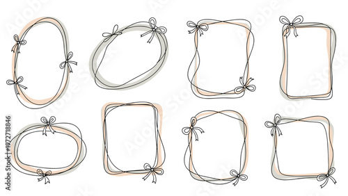 Assorted set of sketchy hand-drawn oval and rectangular frames decorated with small ribbons and dainty decorative bows.