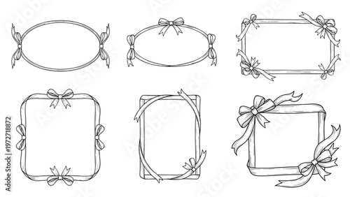 Set of hand-drawn illustrative frames decorated with various styles of ribbons and bows for festive stationery.