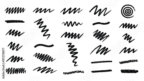 Extensive collection of various hand-drawn scribbles, zigzags, and rough lines created with black ink or charcoal.