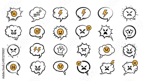 Set of comic style speech bubbles and explosive clouds featuring angry faces lightning bolts and symbols of aggression and fear.