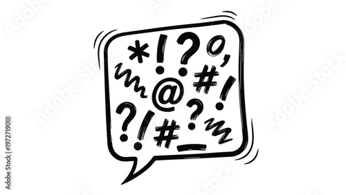 Large hand drawn comic speech bubble filled with various symbols representing swearing or censored language on white background.