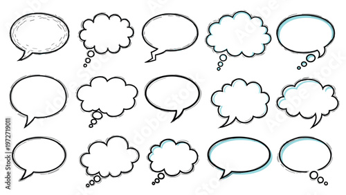 Set of empty hand drawn speech and thought bubbles with sketchy outlines and light blue shadow effects on a plain white background.