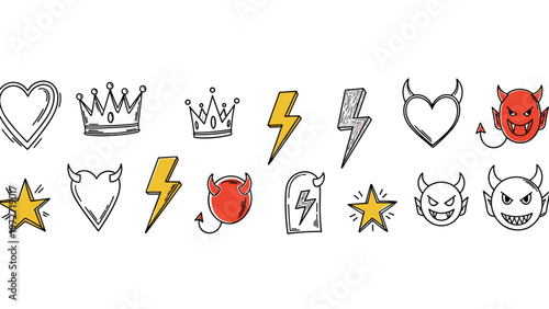 Assortment of hand drawn sketches featuring crowns stars hearts lightning bolts and devil faces with horns in black yellow and red.
