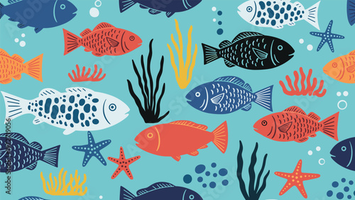 Seamless pattern featuring colorful fish starfish and coral reefs in red blue orange and black on a light blue background.