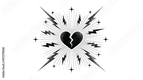 Central black broken heart symbol surrounded by radiating lines lightning bolts and small stars in an illustrative style.
