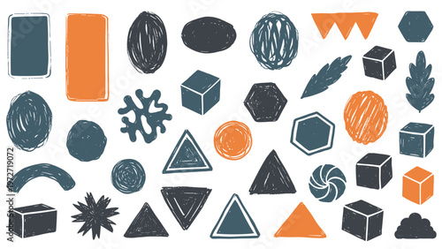 Assortment of hand drawn geometric and organic shapes in dark blue and orange including cubes triangles and circles on white.