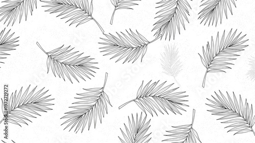 Pattern of hand-drawn palm leaves in black and white on a light textured background for tropical and botanical design.