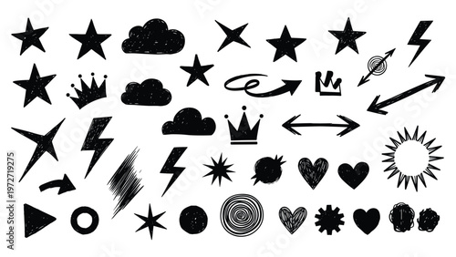 Collection of hand-drawn black silhouettes of stars clouds lightning crowns hearts and other symbols on a white background.