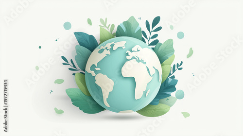 Earth Globe With Leaves Environmental Illustration