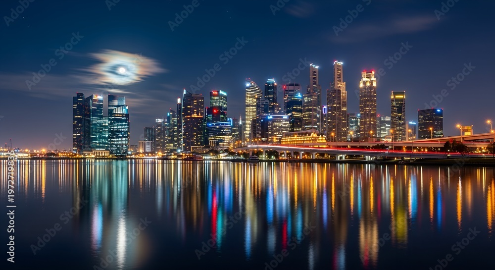 Fototapeta premium USA, US, U.S, United States - City Skyline Night Photo | Colorful Reflections on Water | Modern Skyscraper Lights Urban Landscape | Night Cityscape Wall Art Print 