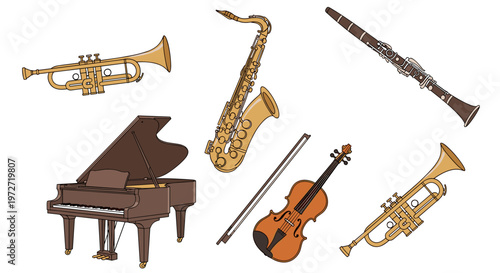 Collection of various musical instruments including a grand piano, saxophone, trumpet, violin, and clarinet