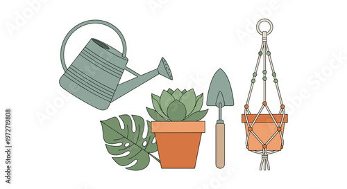 Gardening tools and potted plants illustration with a watering can and macrame hanger
