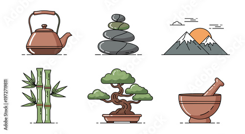Collection of flat design icons representing nature and wellness elements
