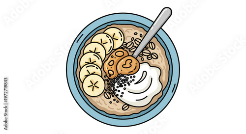 Healthy breakfast bowl with oatmeal, banana slices, yogurt, and peanut butter