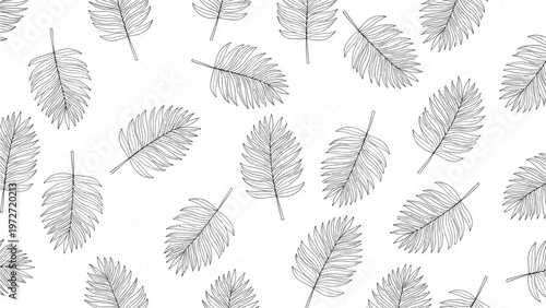 Subtle and elegant seamless pattern of delicately etched feathers scattered across a light textured background.