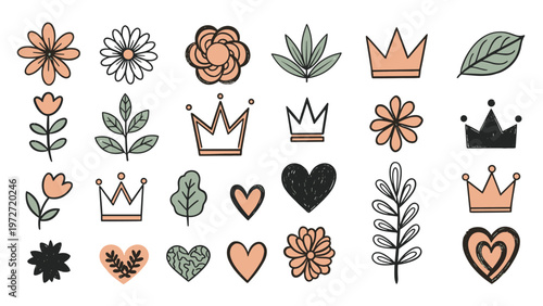 Wide assortment of hand-drawn icons including various flowers, leaves, crowns, and hearts in soft muted tones.