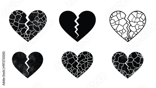 Collection of broken heart silhouettes with cracked and distressed textures symbolizing emotional pain and relationship failure.