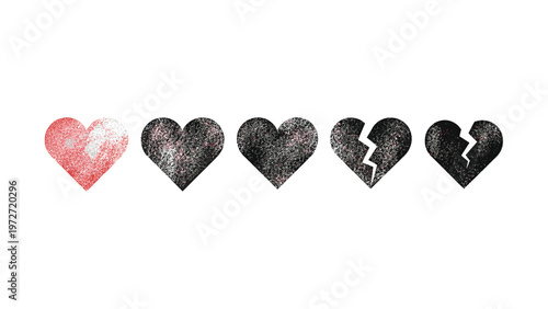 Sequential hearts showing progress from a healthy red heart to a shattered black heart representing fading love and grief.