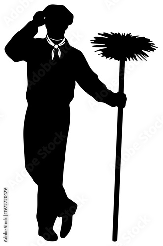 Cleaner silhouette holding long handle duster tool isolated vector on transparent background