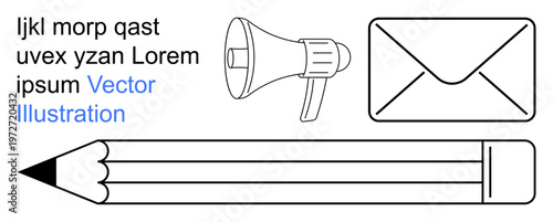 Writing, communication, creativity, education, marketing, messaging. Black and white pencil, envelope and megaphone icons with sample text. Writing and communication visual concepts