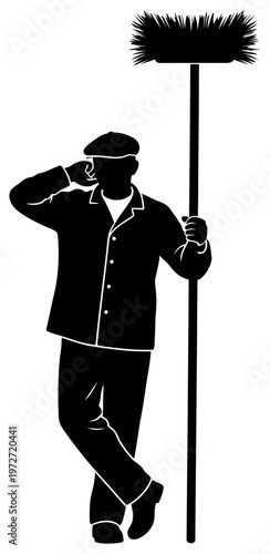 Janitor silhouette holding long handle cleaning duster isolated vector transparent background